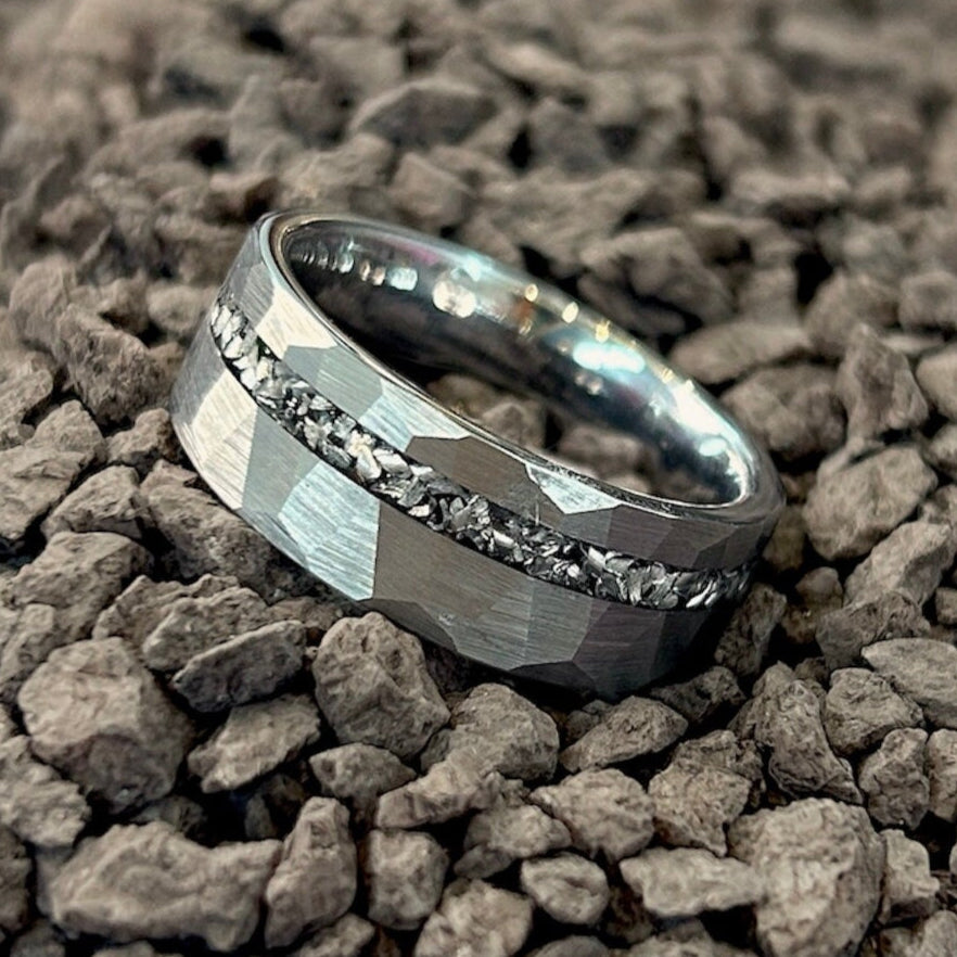 The Aurora – 8 mm Offset Meteorite Tungsten Ring-Harness cosmic power with the Aurora Band. 8mm tungsten ring with genuine Muonionalusta meteorite inlay—ancient material, modern edge. Shop now.