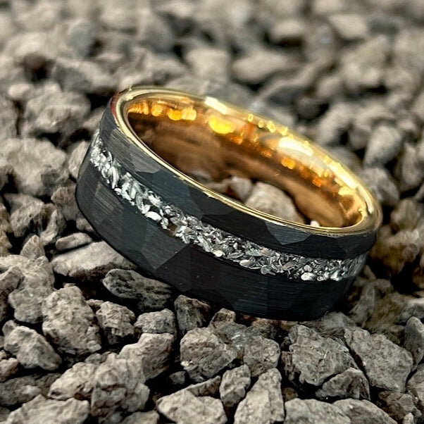 The Aurora – 8 mm Offset Meteorite Tungsten Ring-Harness cosmic power with the Aurora Band. 8mm tungsten ring with genuine Muonionalusta meteorite inlay—ancient material, modern edge. Shop now.