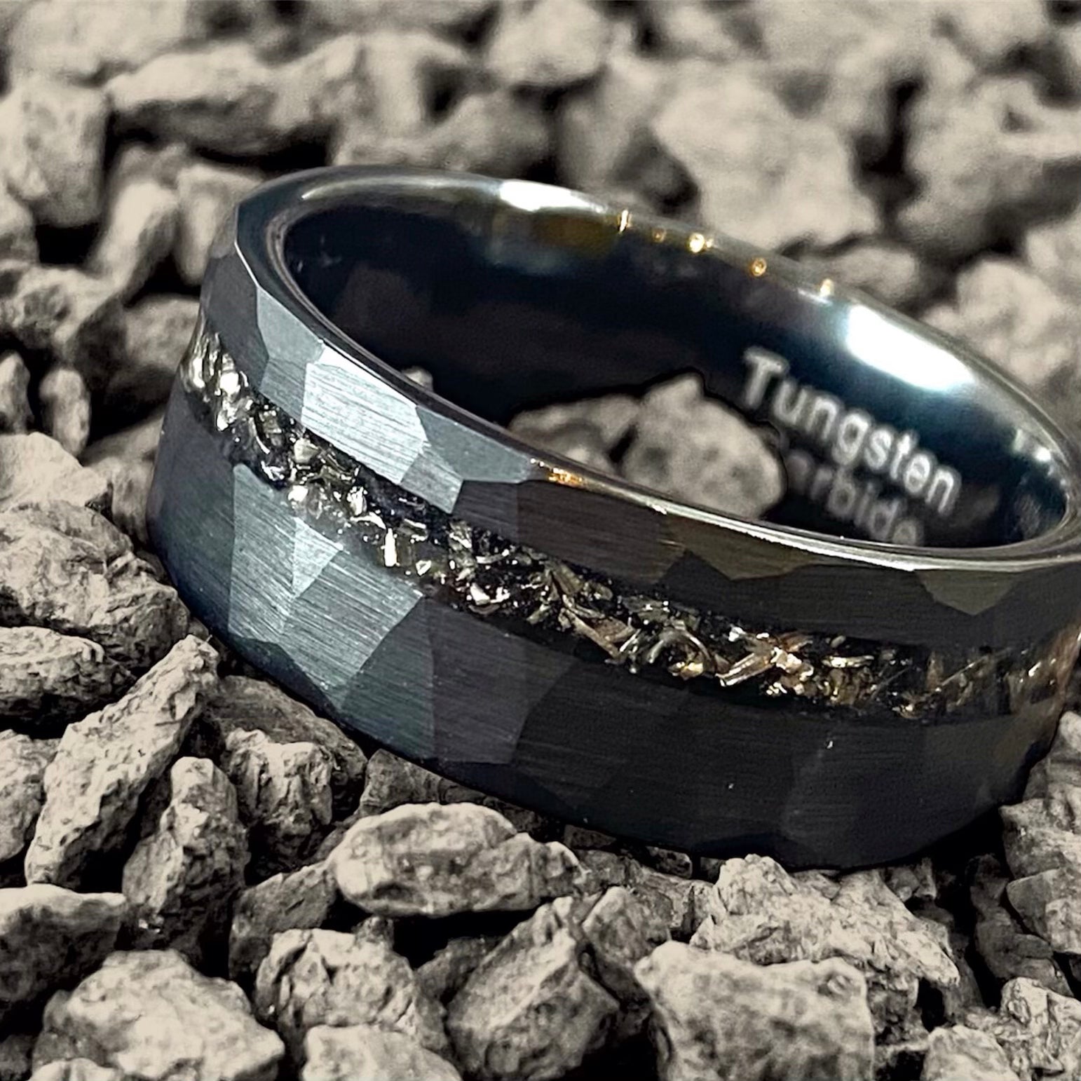 The Aurora – 8 mm Offset Meteorite Tungsten Ring-Harness cosmic power with the Aurora Band. 8mm tungsten ring with genuine Muonionalusta meteorite inlay—ancient material, modern edge. Shop now.