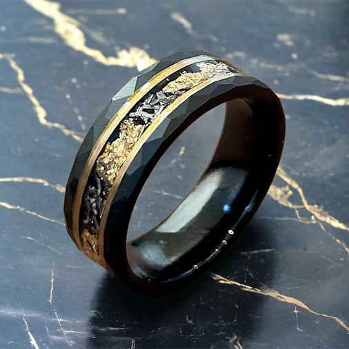 The Astralis – 8mm Tungsten Ring with Meteorite & Metal Leaf Inlay-Discover cosmic elegance with our 8 mm faceted tungsten ring featuring rare meteorite and your choice of silver, gold or rose-gold leaf inlay. Shop now.