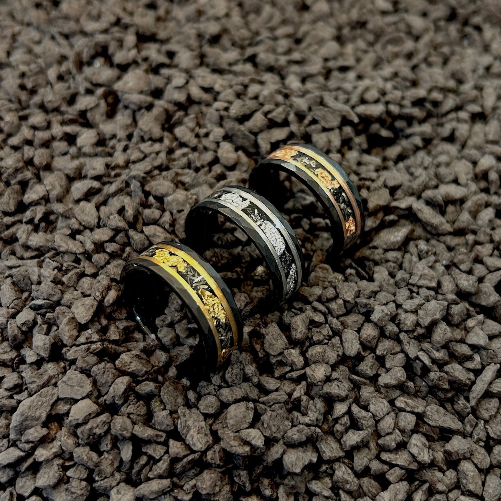 The Astralis – 8mm Tungsten Ring with Meteorite & Metal Leaf Inlay-Discover cosmic elegance with our 8 mm faceted tungsten ring featuring rare meteorite and your choice of silver, gold or rose-gold leaf inlay. Shop now.