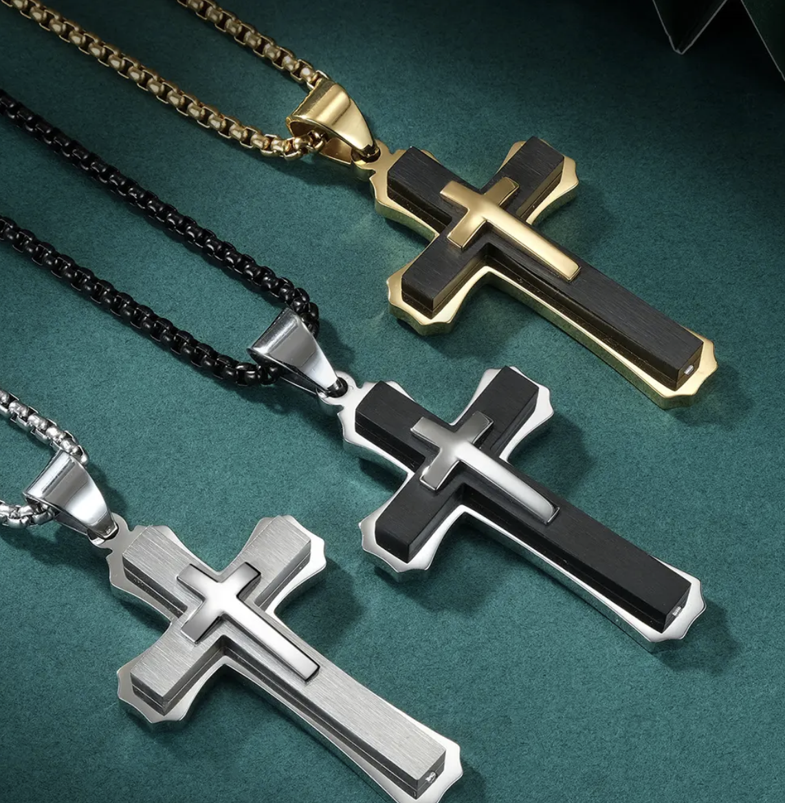 The Trinity - Layered Cross Necklace-Forge depth with the Trinity Layered Cross. Three-tiered steel cross on 24" curb chain. Choose polished silver, gold, or black. Timeless, bold style. Shop now.