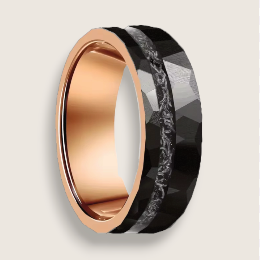 The Aurora – 8 mm Offset Meteorite Tungsten Ring-Harness cosmic power with the Aurora Band. 8mm tungsten ring with genuine Muonionalusta meteorite inlay—ancient material, modern edge. Shop now.