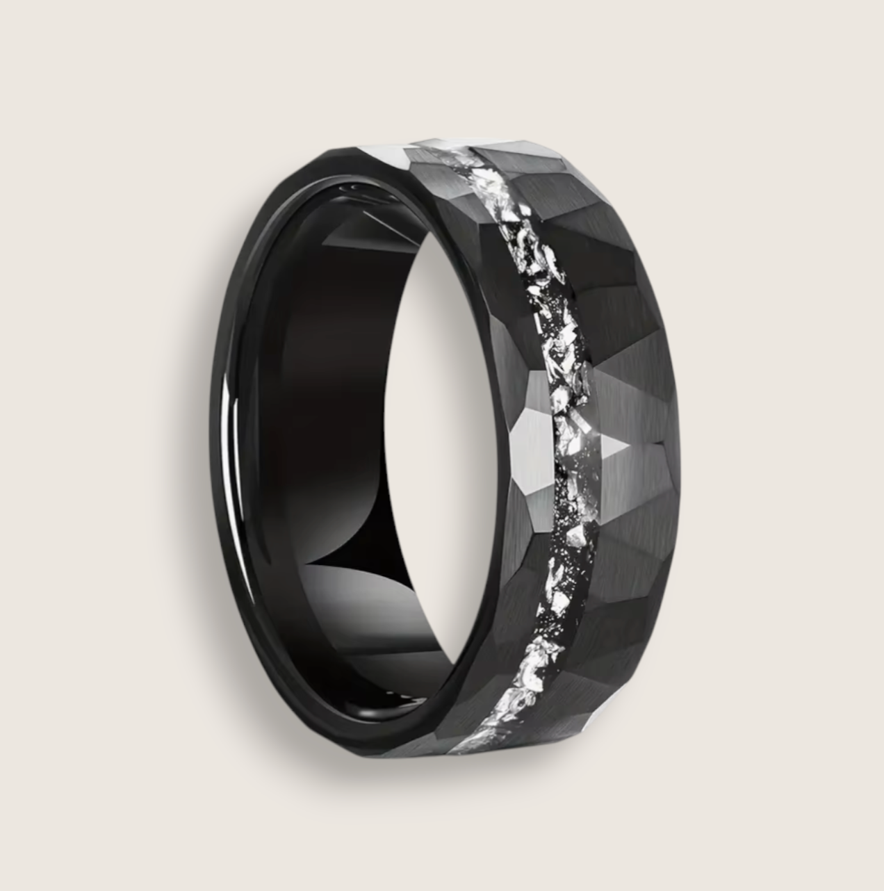 The Aurora – 8 mm Offset Meteorite Tungsten Ring-Harness cosmic power with the Aurora Band. 8mm tungsten ring with genuine Muonionalusta meteorite inlay—ancient material, modern edge. Shop now.