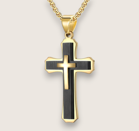 The Trinity - Layered Cross Necklace-Forge depth with the Trinity Layered Cross. Three-tiered steel cross on 24" curb chain. Choose polished silver, gold, or black. Timeless, bold style. Shop now.