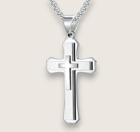 The Trinity - Layered Cross Necklace-Forge depth with the Trinity Layered Cross. Three-tiered steel cross on 24" curb chain. Choose polished silver, gold, or black. Timeless, bold style. Shop now.