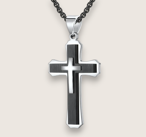 The Trinity - Layered Cross Necklace-Forge depth with the Trinity Layered Cross. Three-tiered steel cross on 24" curb chain. Choose polished silver, gold, or black. Timeless, bold style. Shop now.