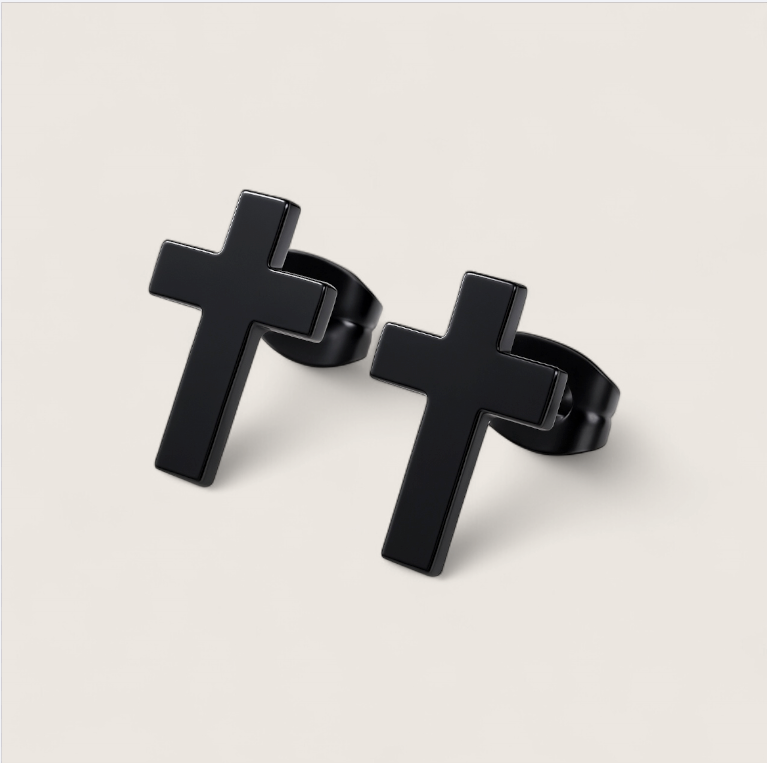 The Pillar – 11 mm Cross Stud Earrings-Add timeless edge with Pillar Cross Studs. Polished steel 11×8.5mm crosses in silver, gold, or black. Minimalist, corrosion-resistant style. Shop now.