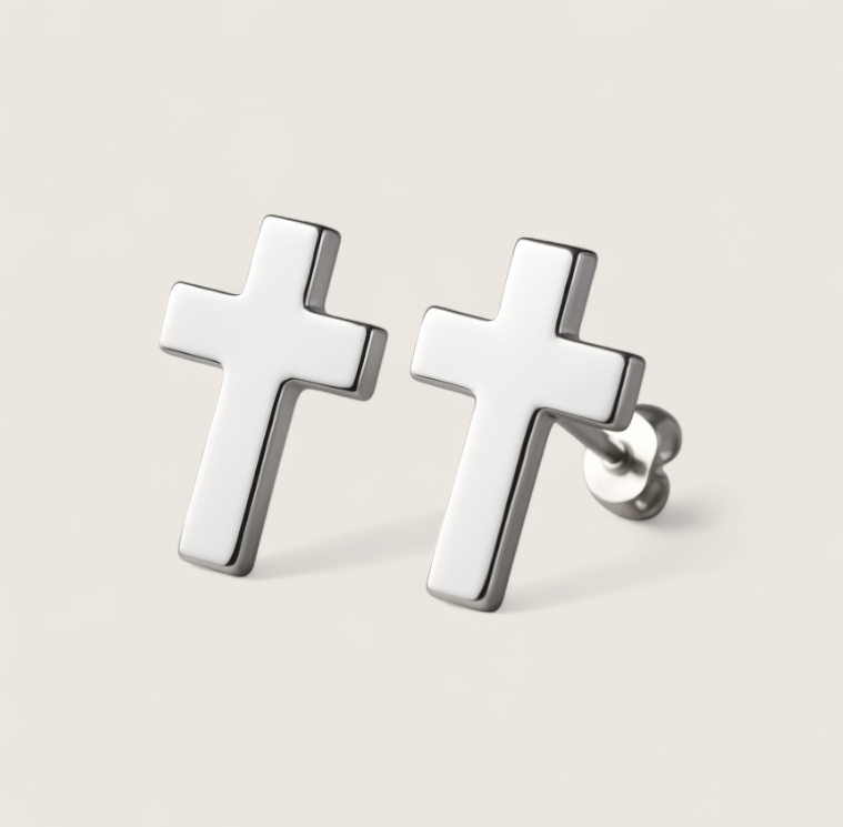 The Pillar – 11 mm Cross Stud Earrings-Add timeless edge with Pillar Cross Studs. Polished steel 11×8.5mm crosses in silver, gold, or black. Minimalist, corrosion-resistant style. Shop now.