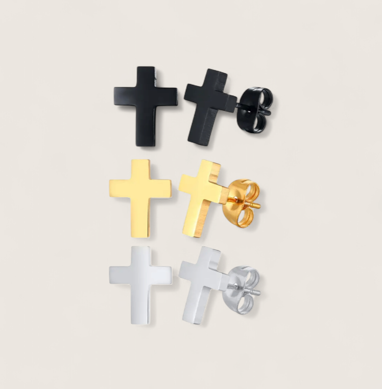 The Pillar – 11 mm Cross Stud Earrings-Add timeless edge with Pillar Cross Studs. Polished steel 11×8.5mm crosses in silver, gold, or black. Minimalist, corrosion-resistant style. Shop now.
