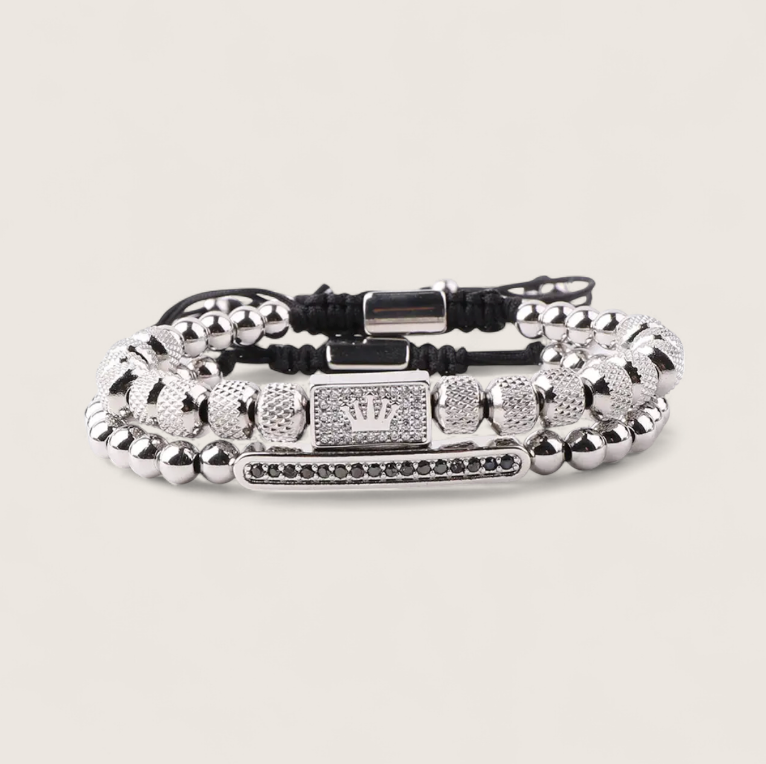 The Crowned Pair- Steel Double Bracelet-Forge your style with the Crowned Pair Bracelet. Dual-strand design with pavé CZ bar and crowned enamel bead. Adjustable black pull-cords. Shop now.