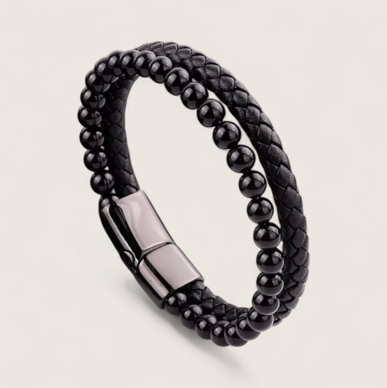 The Forge Duo - Leather Gemstone Bracelet-Elevate your look with the Forge Duo Bracelet. Braided black leather and genuine gemstone beads with a sleek steel slide clasp. Bold, modern style. Shop now.
