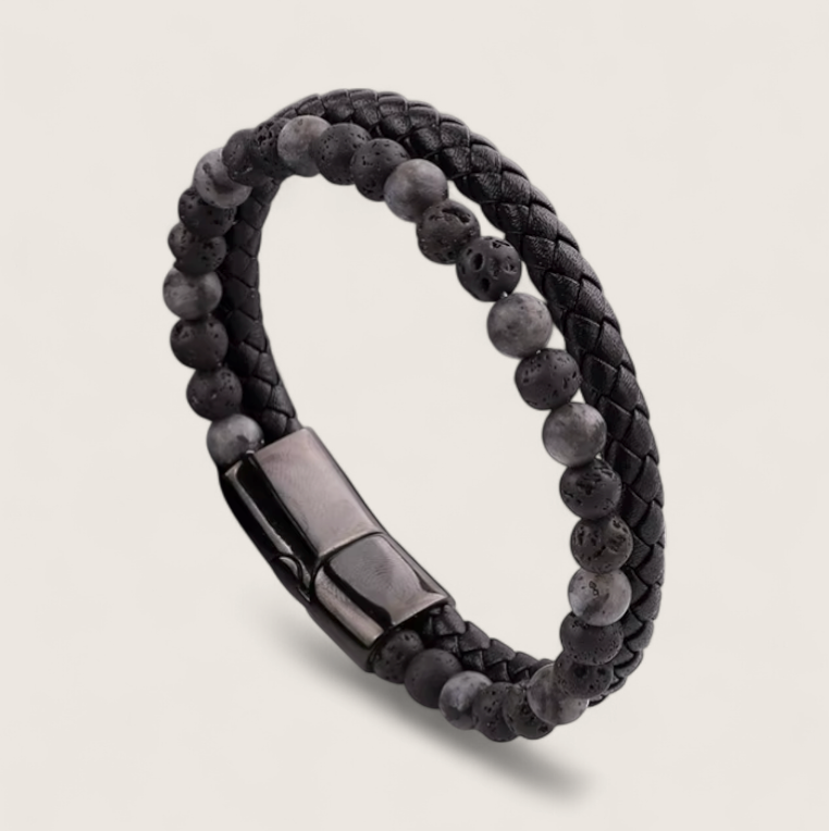 The Forge Duo - Leather Gemstone Bracelet-Elevate your look with the Forge Duo Bracelet. Braided black leather and genuine gemstone beads with a sleek steel slide clasp. Bold, modern style. Shop now.
