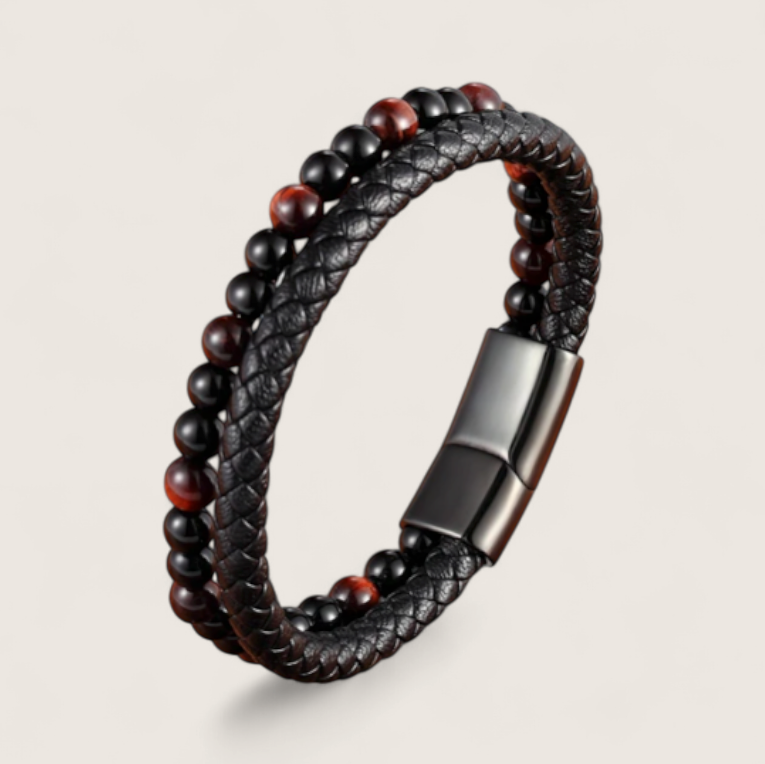 The Forge Duo - Leather Gemstone Bracelet-Elevate your look with the Forge Duo Bracelet. Braided black leather and genuine gemstone beads with a sleek steel slide clasp. Bold, modern style. Shop now.