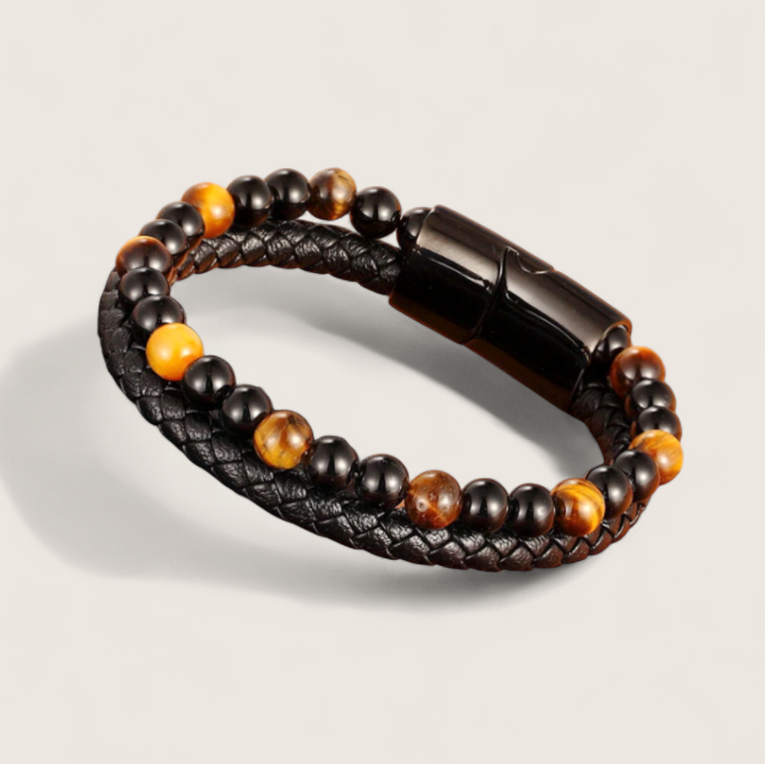 The Forge Duo - Leather Gemstone Bracelet-Elevate your look with the Forge Duo Bracelet. Braided black leather and genuine gemstone beads with a sleek steel slide clasp. Bold, modern style. Shop now.