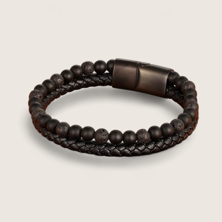 The Forge Duo - Leather Gemstone Bracelet-Elevate your look with the Forge Duo Bracelet. Braided black leather and genuine gemstone beads with a sleek steel slide clasp. Bold, modern style. Shop now.