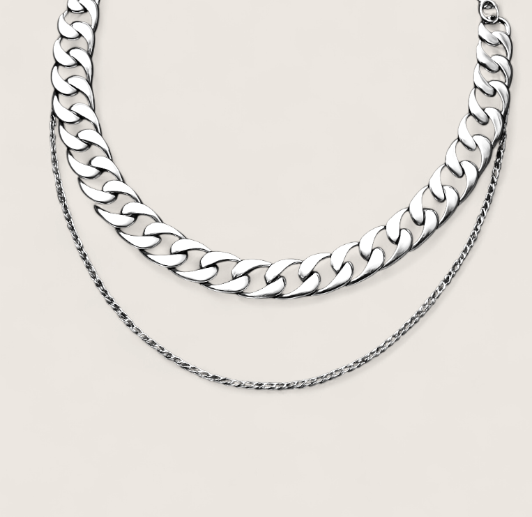 Cascade Duo – Polished Steel Layered Necklace-Make a statement with the Cascade Curb Duo. Three polished steel curb chains layer bold shine and depth for dynamic, dimensional style. Shop now.