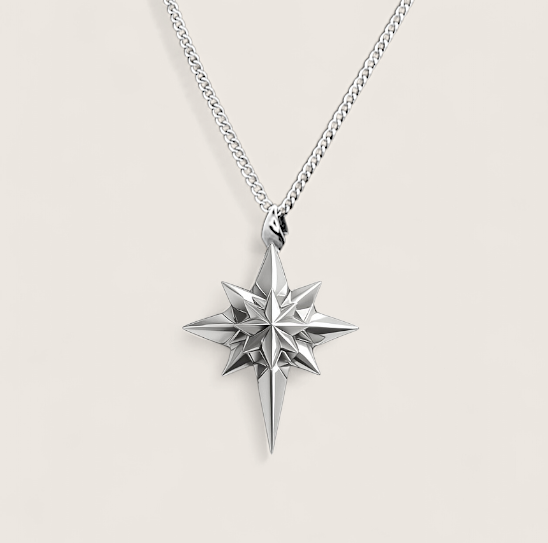Starbreaker Necklace-Illuminate your look with the Starbreaker Necklace. Polished steel eight-point star pendant on a fine curb chain. Bold celestial style. Shop now.