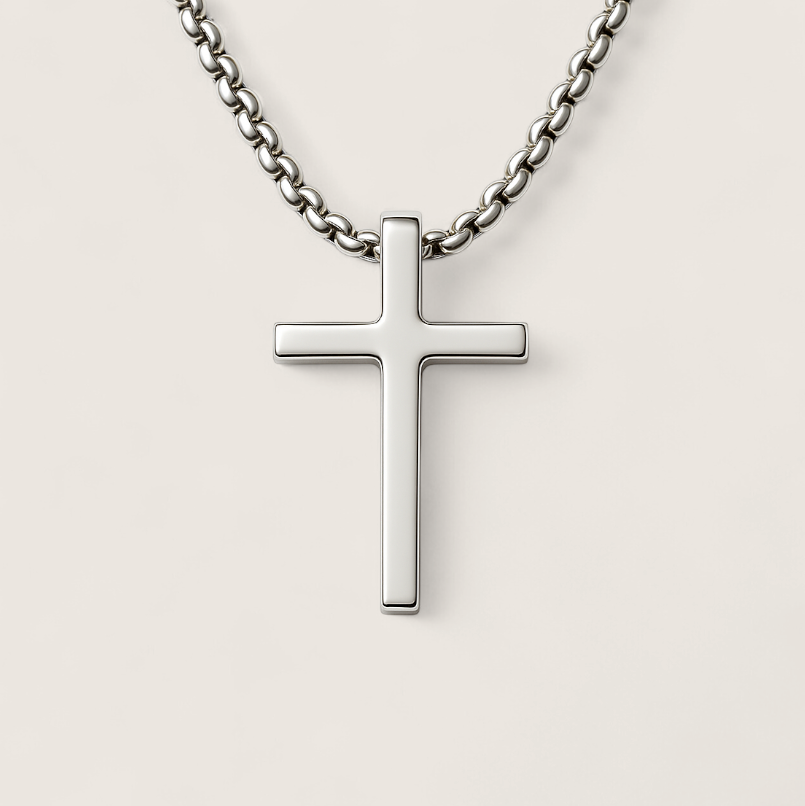 The Forge Cross - Slider Necklace-Minimalist stainless steel cross on box chain. High-polish steel or matte black finish. Built for daily wear with bold, modern style. Shop now.