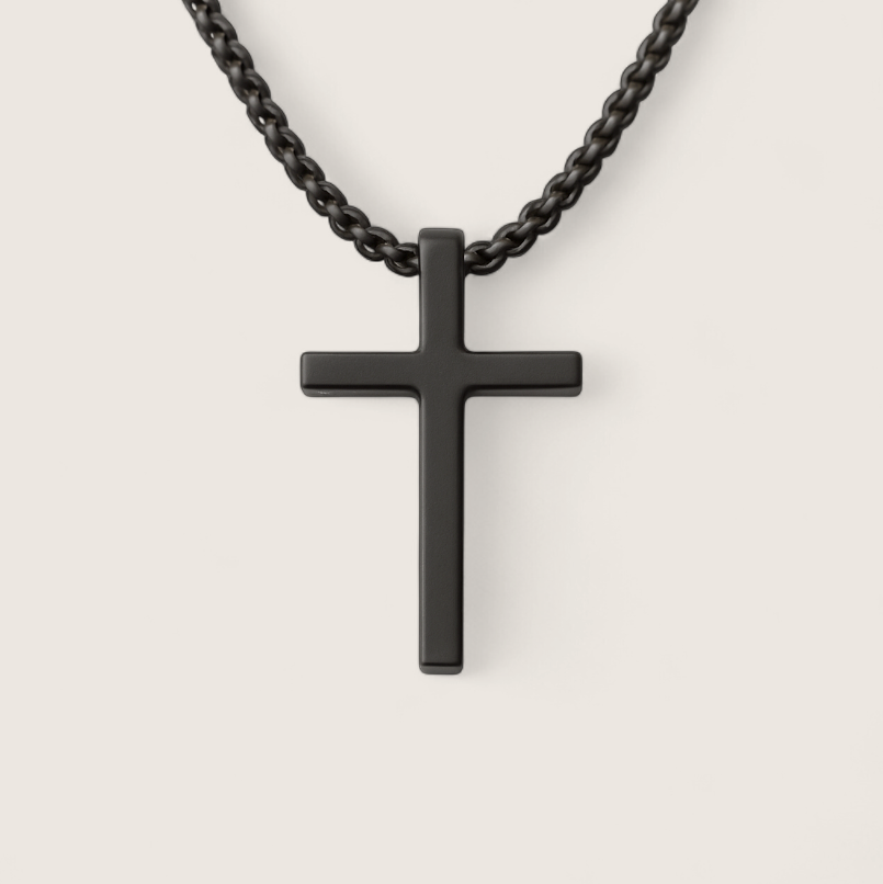 The Forge Cross - Slider Necklace-Minimalist stainless steel cross on box chain. High-polish steel or matte black finish. Built for daily wear with bold, modern style. Shop now.