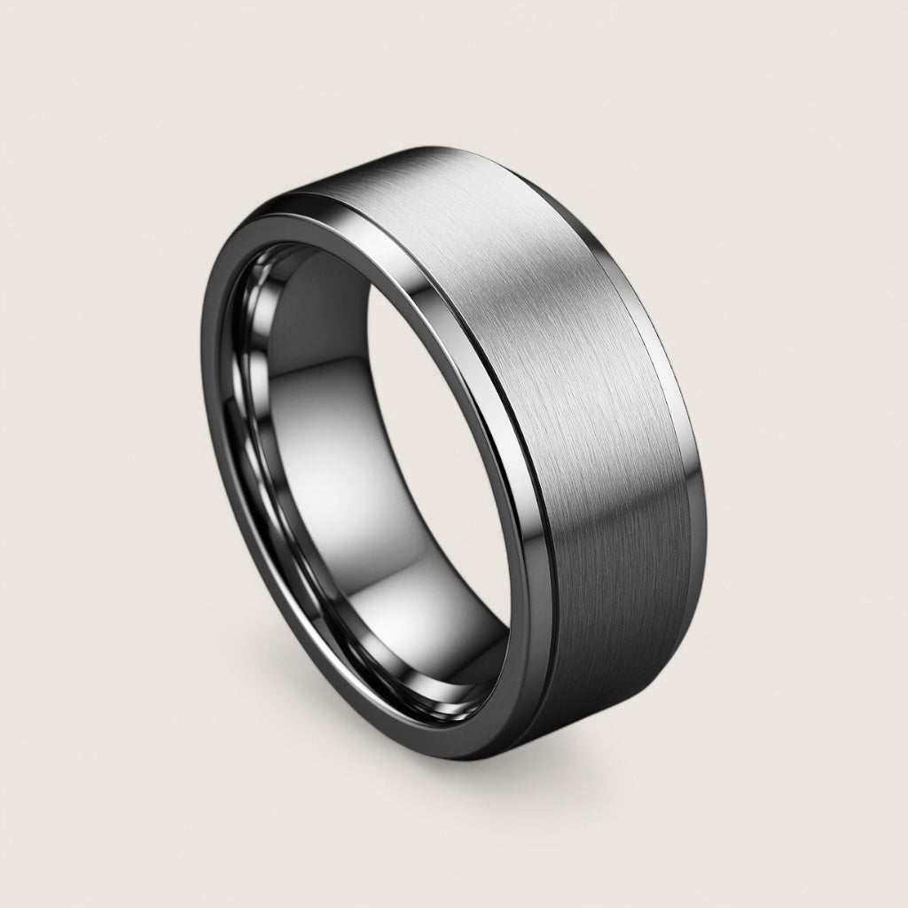 The Axis Spinner – Flat Steel Spinner Ring-Engineered for focus and style—Axis Spinner Ring. 8mm brushed steel band with free-spinning outer ring. Bold design with calming motion. Shop now.