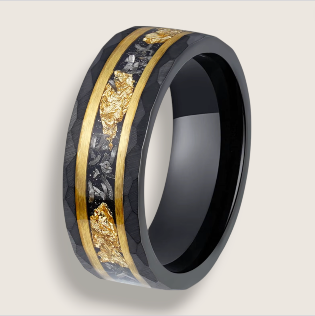 The Astralis – 8mm Tungsten Ring with Meteorite & Metal Leaf Inlay-Discover cosmic elegance with our 8 mm faceted tungsten ring featuring rare meteorite and your choice of silver, gold or rose-gold leaf inlay. Shop now.