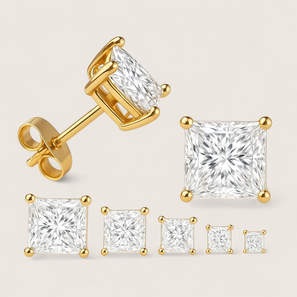 Glacial Ice CZ Studs – Square Earrings-Square-cut CZ studs in rhodium or 14K gold-plated sterling silver. Crisp, bold shine in sizes from 2 mm to 10 mm. Shop your perfect pair today.