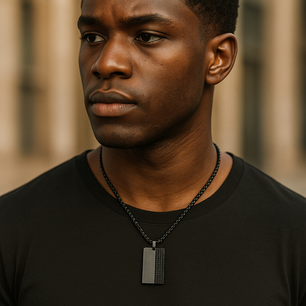 The Obsidian Grid – 40 mm Oxidized Dog Tag Necklace-Strike bold balance with the Obsidian Grid Tag. Black steel dog tag with brushed and grid-textured finish on a chain. Industrial edge meets style. Shop now.