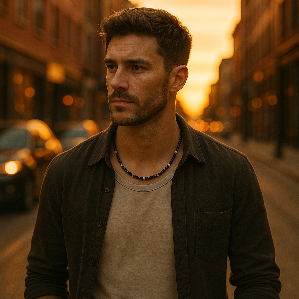 The Ember Forge –Stone & Lava Rock Necklace-Channel primal heat with the Ember Forge Necklace. Tiger eye beads, lava-stone cylinders, and silver spacers—warm, rugged contrast. Adjustable length. Shop now.