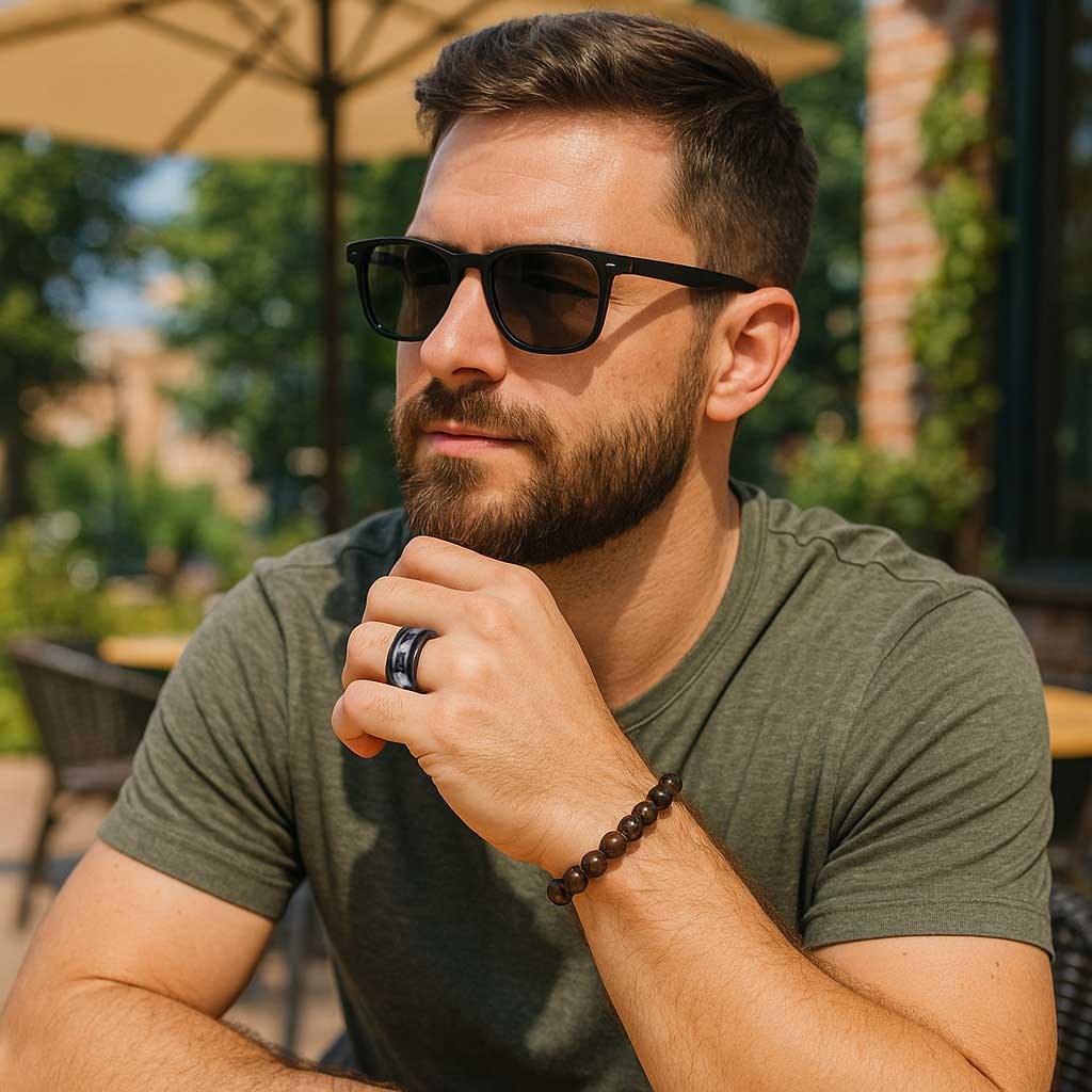 The Astralis – 8mm Tungsten Ring with Meteorite & Metal Leaf Inlay-Discover cosmic elegance with our 8 mm faceted tungsten ring featuring rare meteorite and your choice of silver, gold or rose-gold leaf inlay. Shop now.