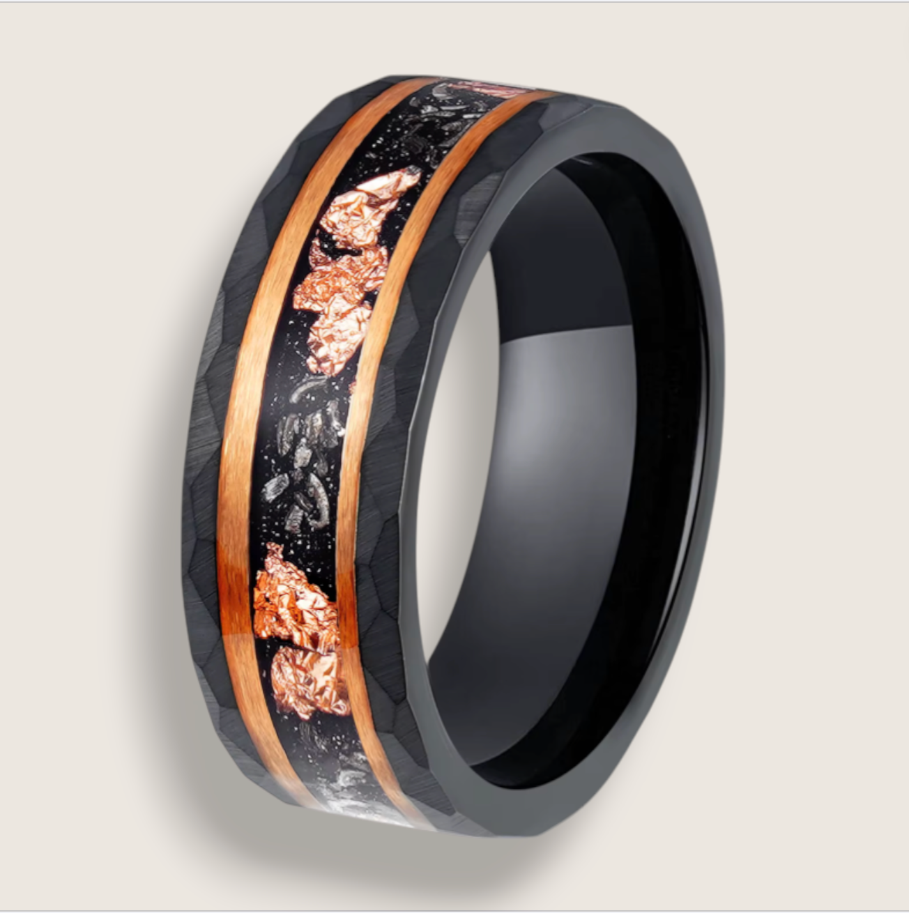 The Astralis – 8mm Tungsten Ring with Meteorite & Metal Leaf Inlay-Discover cosmic elegance with our 8 mm faceted tungsten ring featuring rare meteorite and your choice of silver, gold or rose-gold leaf inlay. Shop now.