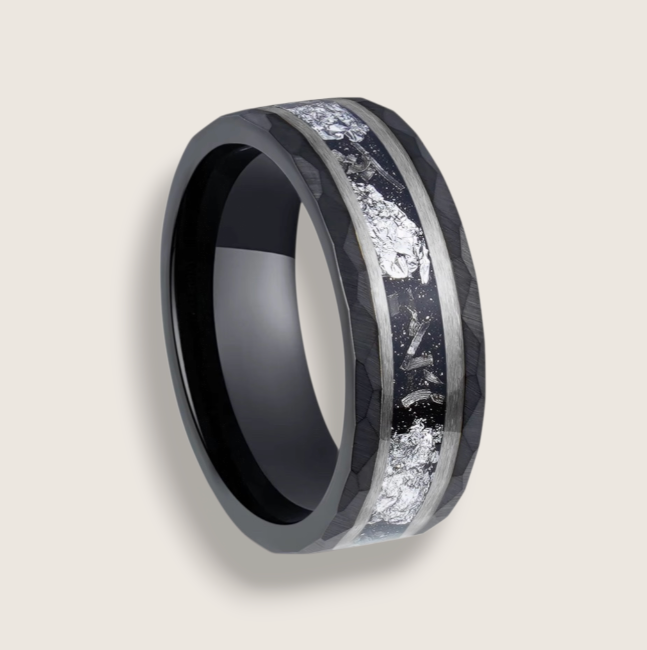 The Astralis – 8mm Tungsten Ring with Meteorite & Metal Leaf Inlay-Discover cosmic elegance with our 8 mm faceted tungsten ring featuring rare meteorite and your choice of silver, gold or rose-gold leaf inlay. Shop now.