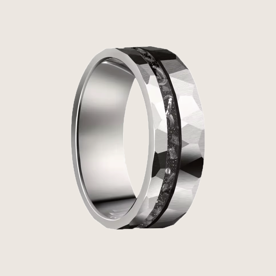 The Aurora – 8 mm Offset Meteorite Tungsten Ring-Harness cosmic power with the Aurora Band. 8mm tungsten ring with genuine Muonionalusta meteorite inlay—ancient material, modern edge. Shop now.