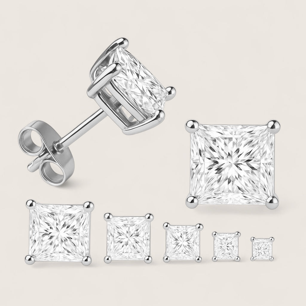 Glacial Ice CZ Studs – Square Earrings-Square-cut CZ studs in rhodium or 14K gold-plated sterling silver. Crisp, bold shine in sizes from 2 mm to 10 mm. Shop your perfect pair today.