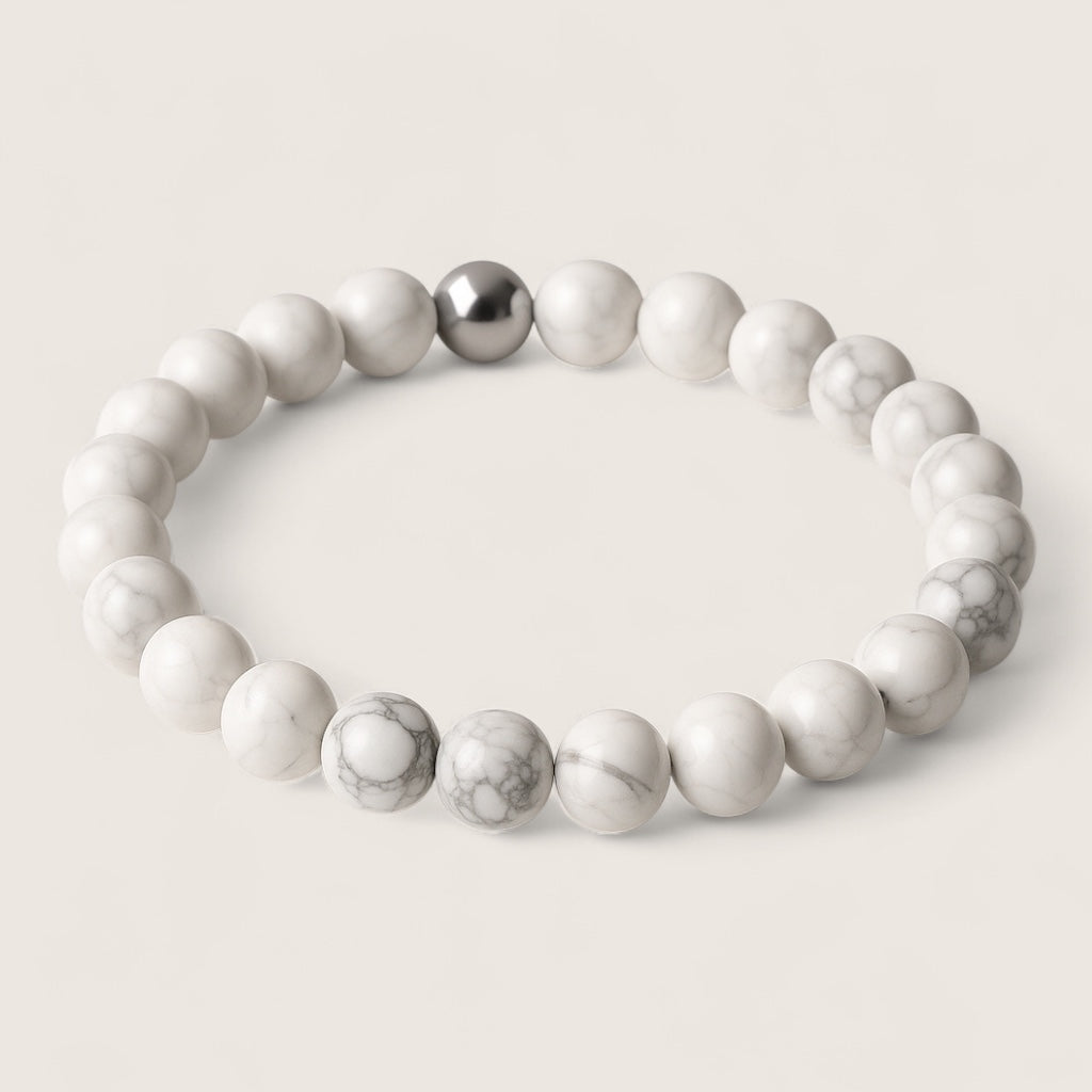 Frostveil – Howlite Stretch Bracelet-Calm your mind and strengthen your spirit with the Frostveil Bracelet. Natural Howlite beads and steel accent offer soothing style and clarity. Shop now.