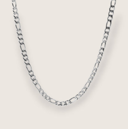 Silver chain necklace on a light gray background