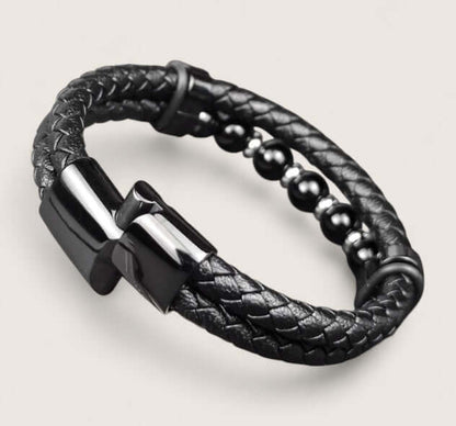 Pathfinder Leather & Stone Bracelet-Forge your path with the Pathfinder Bracelet — rugged stone beads, braided leather, and a secure steel clasp. Bold colorways and sizes to suit your style.