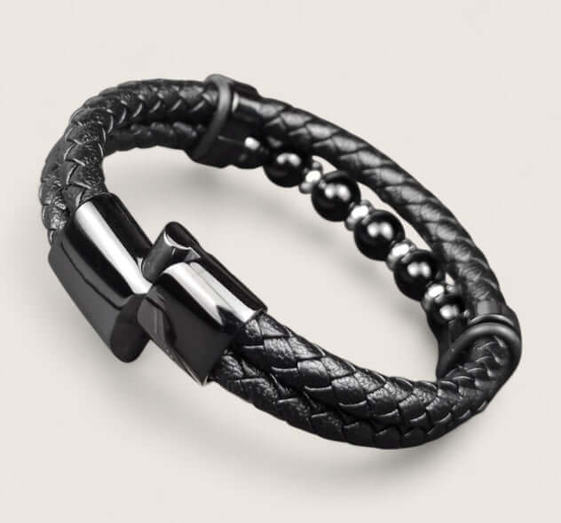 Pathfinder Leather & Stone Bracelet-Forge your path with the Pathfinder Bracelet — rugged stone beads, braided leather, and a secure steel clasp. Bold colorways and sizes to suit your style.