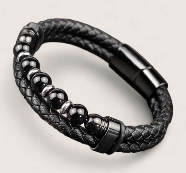 Pathfinder Leather & Stone Bracelet-Forge your path with the Pathfinder Bracelet — rugged stone beads, braided leather, and a secure steel clasp. Bold colorways and sizes to suit your style.