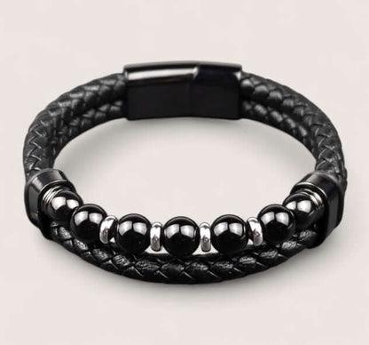 Pathfinder Leather & Stone Bracelet-Forge your path with the Pathfinder Bracelet — rugged stone beads, braided leather, and a secure steel clasp. Bold colorways and sizes to suit your style.