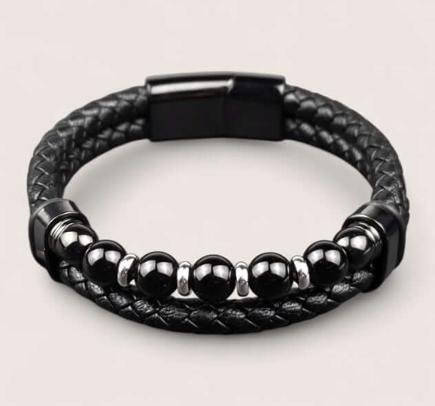 Pathfinder Leather & Stone Bracelet-Forge your path with the Pathfinder Bracelet — rugged stone beads, braided leather, and a secure steel clasp. Bold colorways and sizes to suit your style.