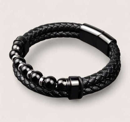 Pathfinder Leather & Stone Bracelet-Forge your path with the Pathfinder Bracelet — rugged stone beads, braided leather, and a secure steel clasp. Bold colorways and sizes to suit your style.