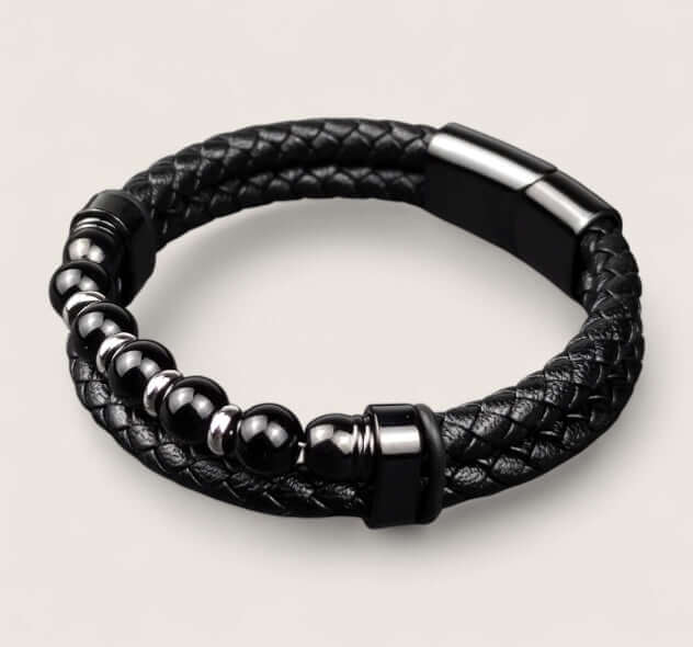 Pathfinder Leather & Stone Bracelet-Forge your path with the Pathfinder Bracelet — rugged stone beads, braided leather, and a secure steel clasp. Bold colorways and sizes to suit your style.