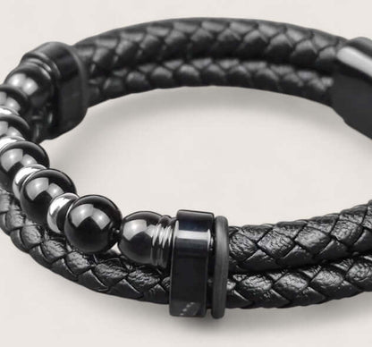 Pathfinder Leather & Stone Bracelet-Forge your path with the Pathfinder Bracelet — rugged stone beads, braided leather, and a secure steel clasp. Bold colorways and sizes to suit your style.