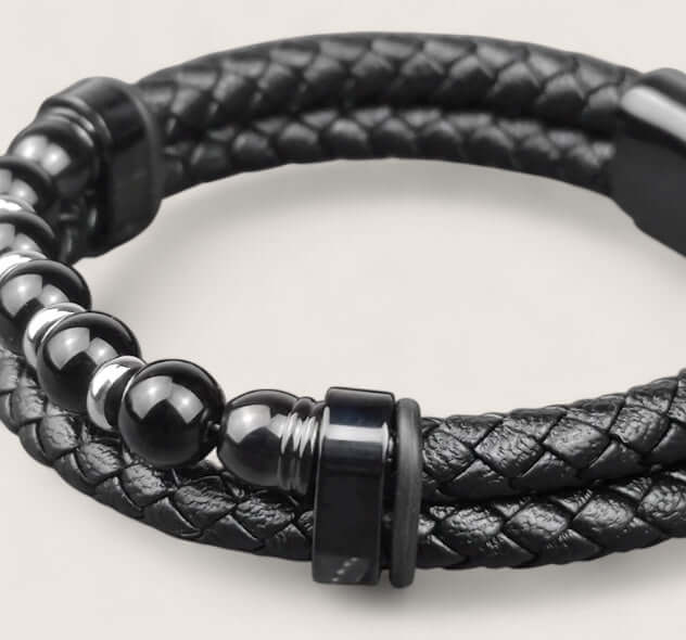 Pathfinder Leather & Stone Bracelet-Forge your path with the Pathfinder Bracelet — rugged stone beads, braided leather, and a secure steel clasp. Bold colorways and sizes to suit your style.