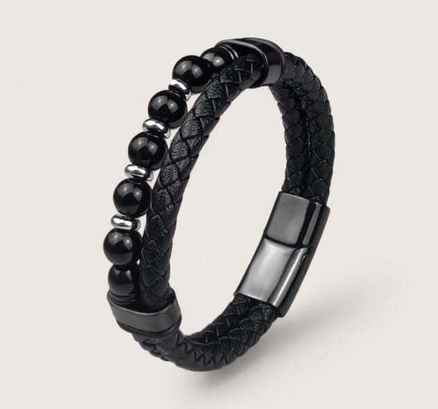 Pathfinder Leather & Stone Bracelet-Forge your path with the Pathfinder Bracelet — rugged stone beads, braided leather, and a secure steel clasp. Bold colorways and sizes to suit your style.