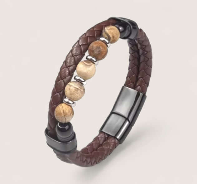 Pathfinder Leather & Stone Bracelet-Forge your path with the Pathfinder Bracelet — rugged stone beads, braided leather, and a secure steel clasp. Bold colorways and sizes to suit your style.