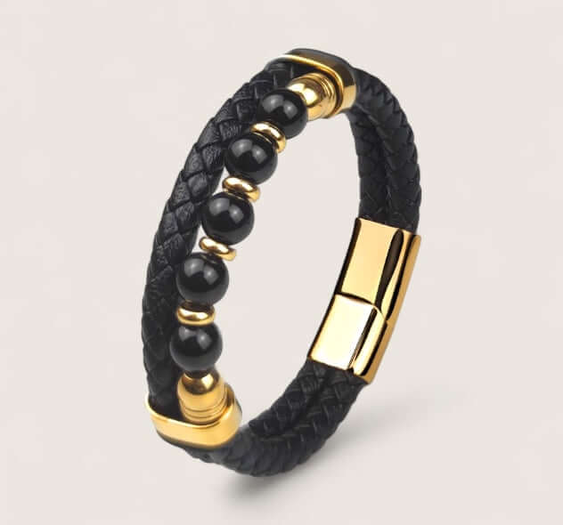 Pathfinder Leather & Stone Bracelet-Forge your path with the Pathfinder Bracelet — rugged stone beads, braided leather, and a secure steel clasp. Bold colorways and sizes to suit your style.
