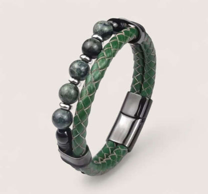 Pathfinder Leather & Stone Bracelet-Forge your path with the Pathfinder Bracelet — rugged stone beads, braided leather, and a secure steel clasp. Bold colorways and sizes to suit your style.