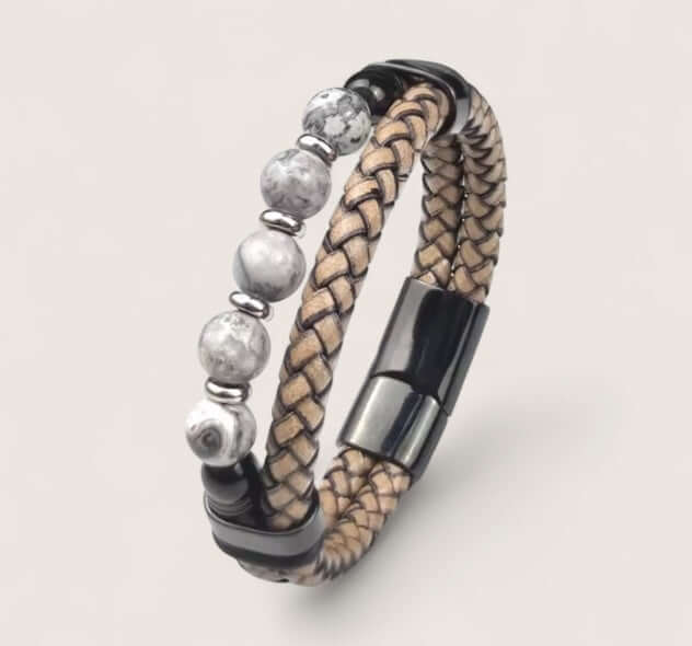 Pathfinder Leather & Stone Bracelet-Forge your path with the Pathfinder Bracelet — rugged stone beads, braided leather, and a secure steel clasp. Bold colorways and sizes to suit your style.